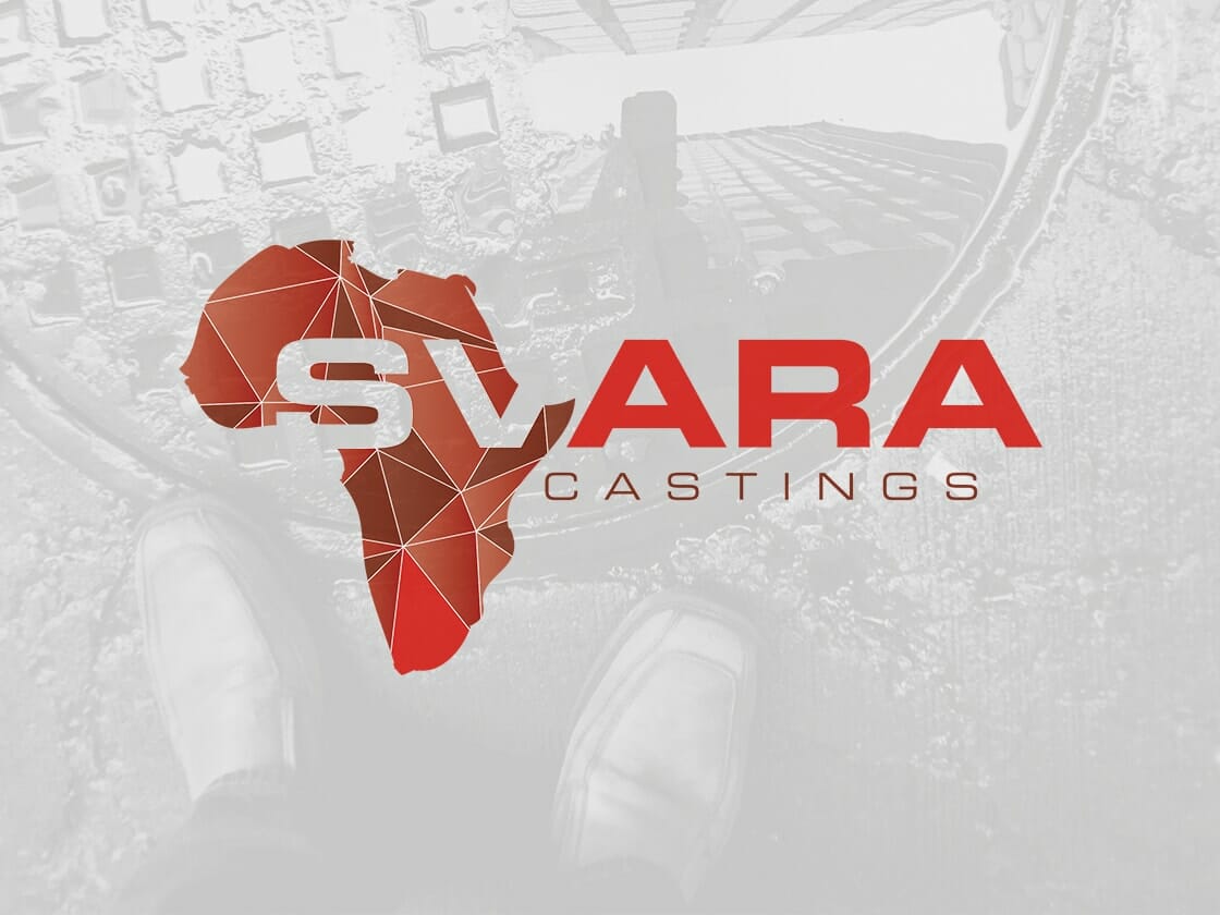 An abstract image featuring a red, geometric outline of Africa beside the red and white text "SVARA CASTINGS." The background is grayscale, showing a person's shoes and a textured surface, possibly a metal grate or manhole cover.
