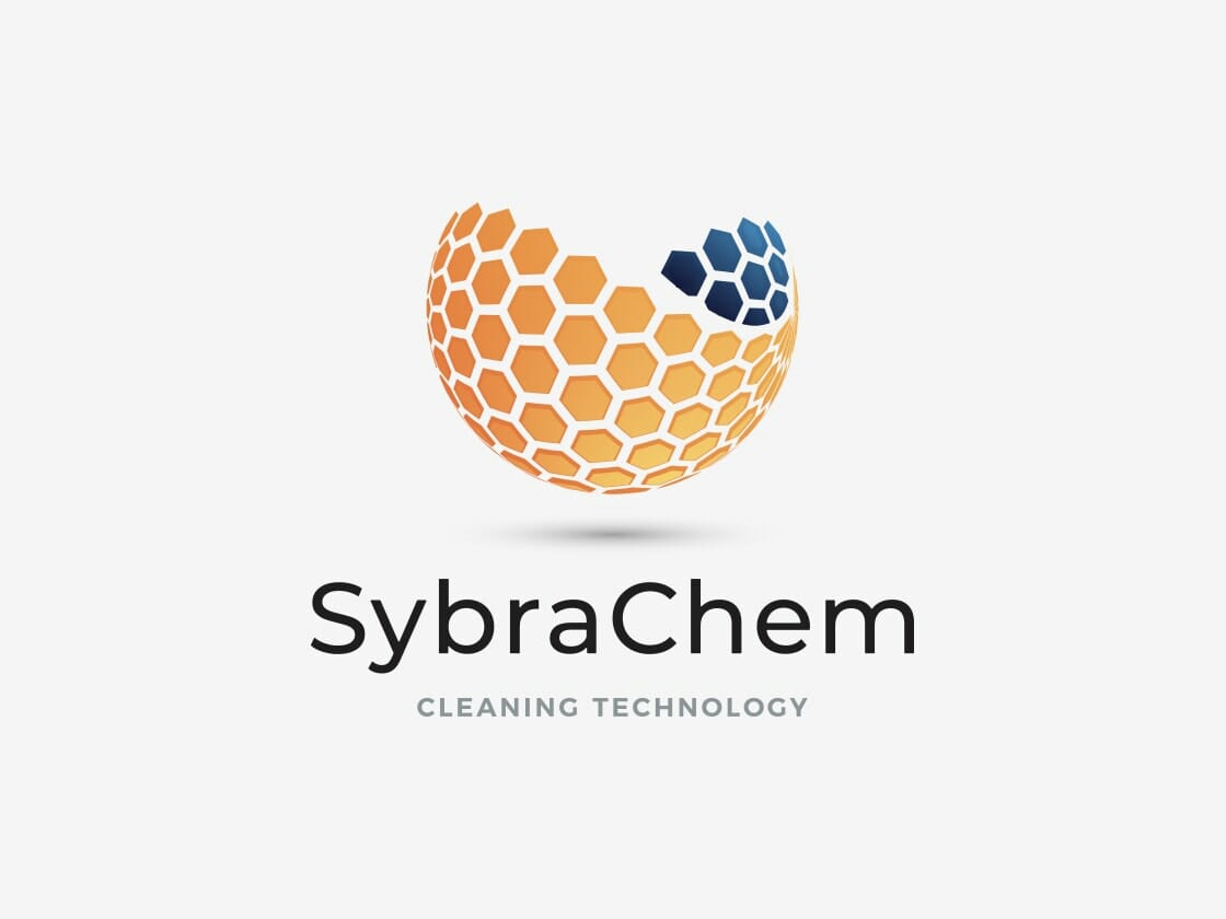 The image shows the logo of SybraChem, a company specializing in cleaning technology. The logo features a spherical shape composed of hexagonal patterns, predominantly in orange hues with a small section in dark blue. Below the sphere, the company name "SybraChem" appears in bold, black text, with "CLEANING TECHNOLOGY" written beneath in smaller, gray letters.
