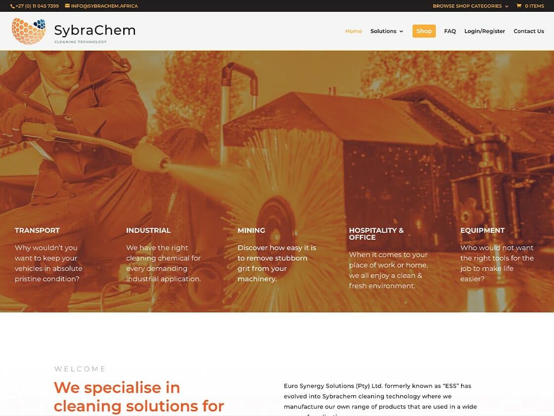 Screenshot of SybraChem's webpage with the slogan "We specialise in cleaning solutions for industry." Navigation includes Home, Solutions, FAQ, Login/Register, and Contacts. Main sections cover Transport, Industrial, Mining, Hospitality & Office, and Equipment, each with relevant imagery and brief descriptions.