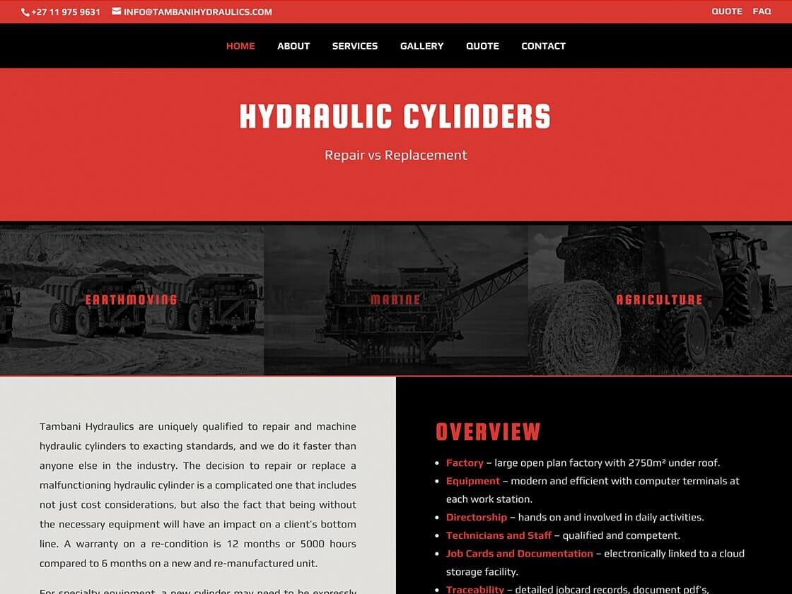A Hydraulics website features a banner for "Hydraulic Cylinders" with sections for Earthmoving, Marine, and Agriculture. Information about Tambani Hydraulics, contact details, services, gallery, quote, and FAQ are provided. The "Overview" section highlights experience, facility size, quick turnaround, technicians, warranty, and job cards.