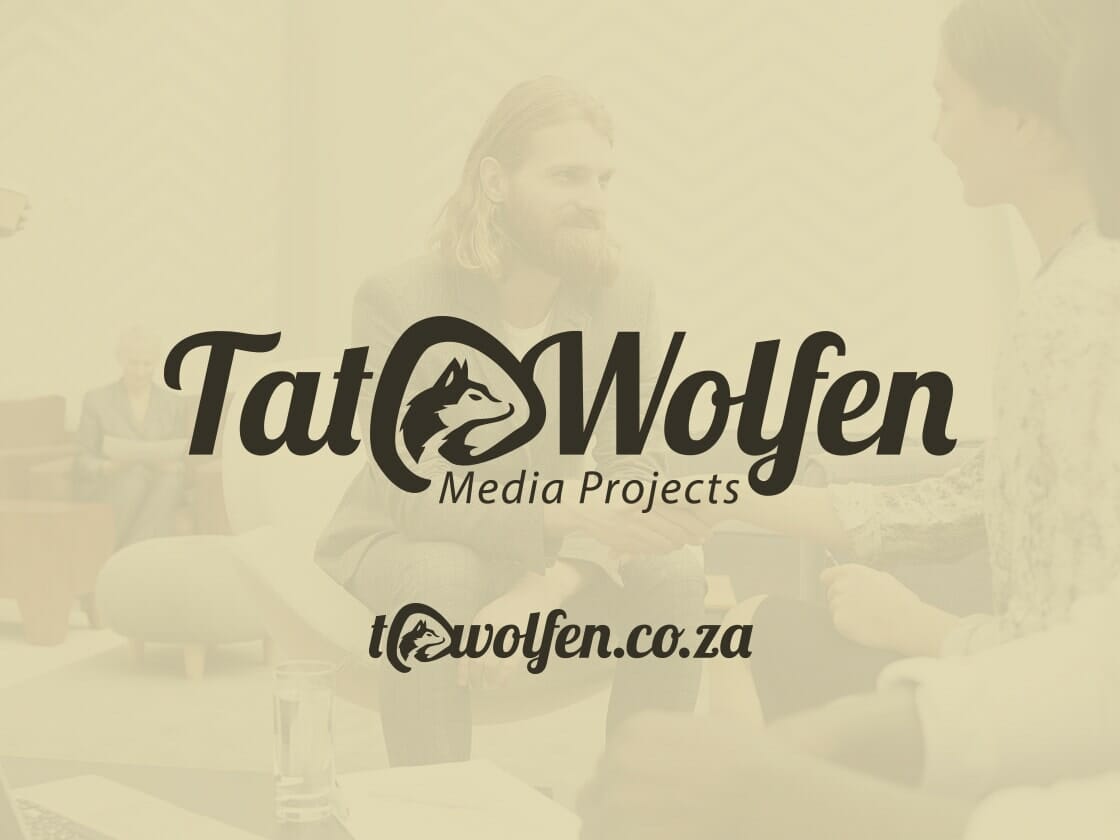TatWolfen Media Projects logo over a pale yellow background featuring a faint photo of a bearded man and a woman shaking hands. The text "TatWolfen Media Projects" is prominent in black, with a wolf silhouette within the 'o' of 'Wolfen.' Website link "tatwolfen.co.za" is below.