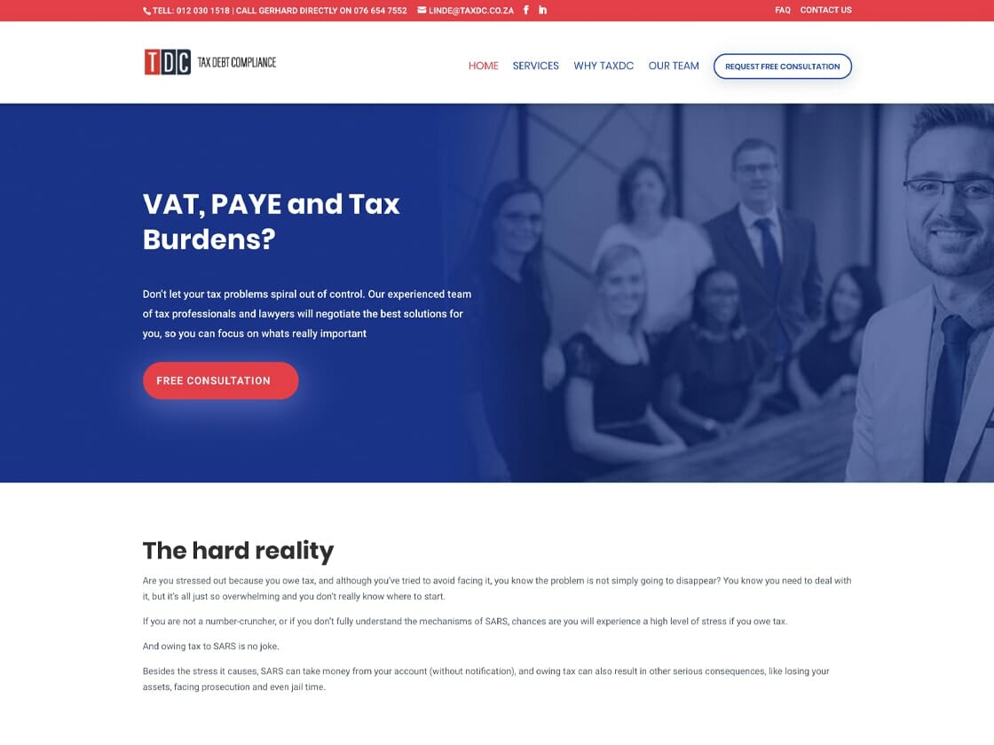 Screenshot of the Tax Doc Compliance website, featuring a navigation bar with various links, a main headline about VAT, PAYE, and Tax Burdens, and a prominent red "Free Consultation" button. There is a photo of business professionals and text explaining taxation challenges and tax debt solutions.
