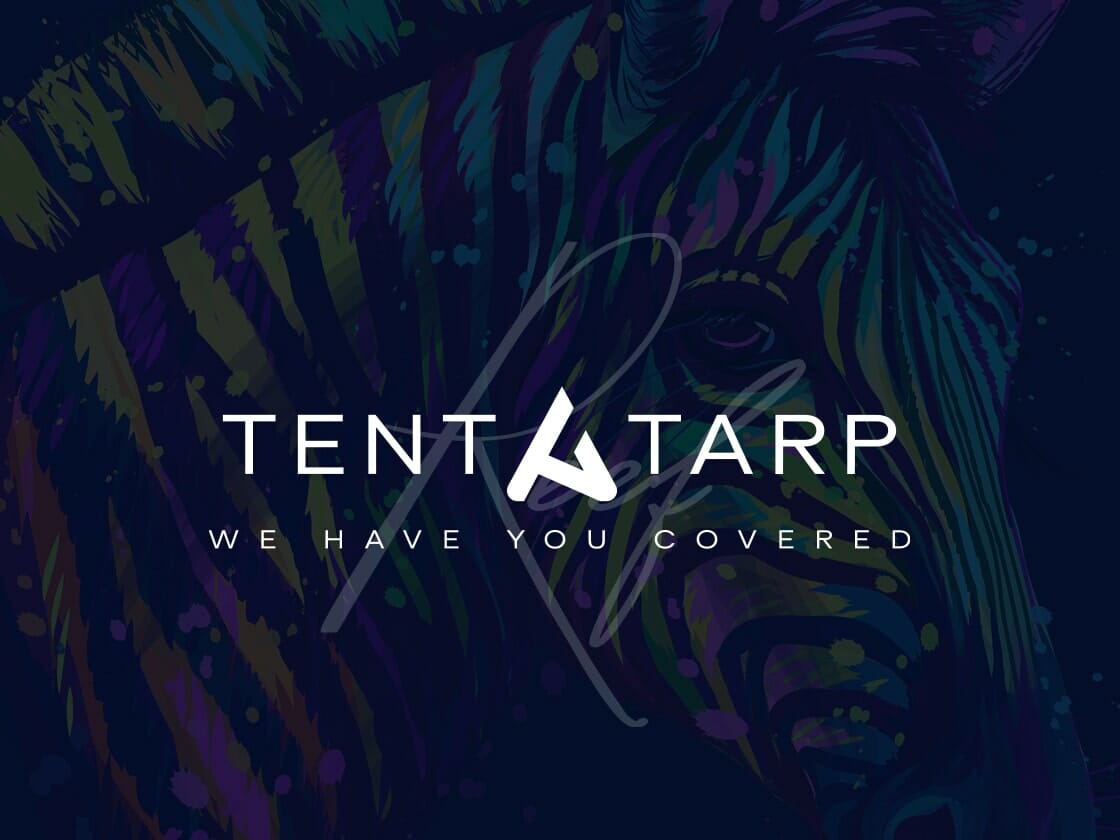 A dark-themed image featuring vibrant, colorful strokes creating the outline of a zebra on the left. At the center, the text reads "TENT TARP" with a stylized 'A' resembling a tent. Below, it says "WE HAVE YOU COVERED" in smaller text. The brand name appears subtly in script over the zebra reef.