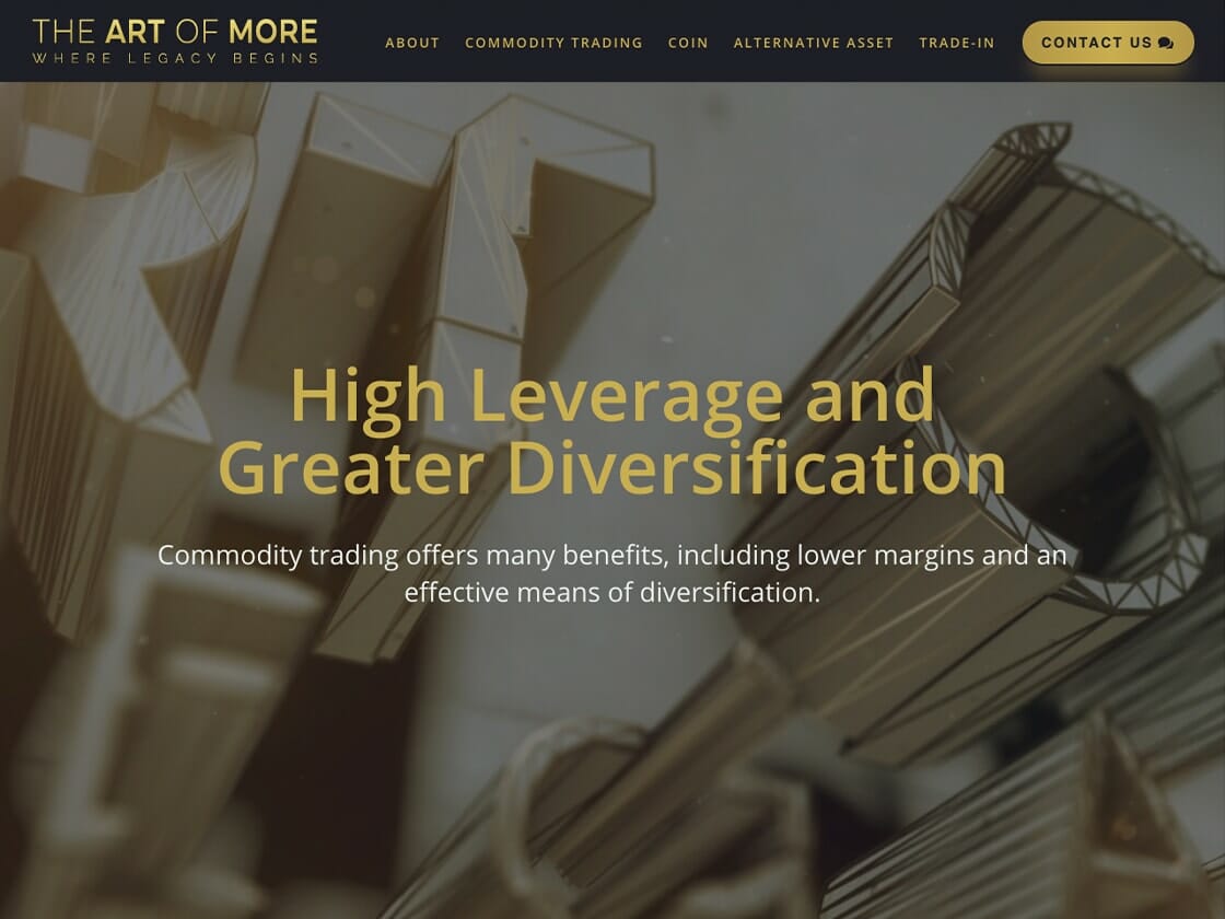 Website homepage for a financial services company, highlighting the benefits of commodity trading with the headline "high leverage and greater diversification".