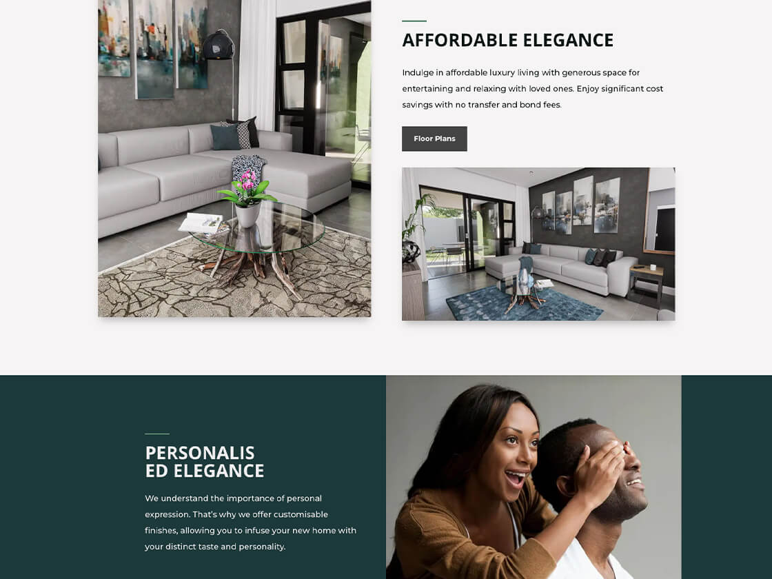 Modern apartment interior designs showcased on the Greens Ruimsig website, alongside a couple excitedly looking at their new home.