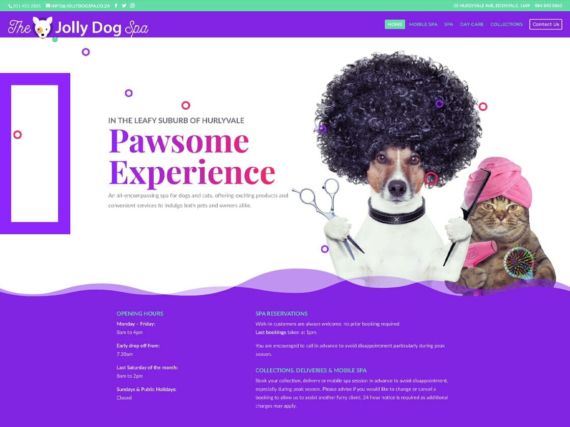 Website homepage for "The Jolly Dog Spa," featuring a dog in a curly wig holding grooming tools and a cat wearing glasses. The site has a purple-green color scheme with information on pet grooming services, opening hours, and spa reservations. The tagline reads: "Pawsome Experience.