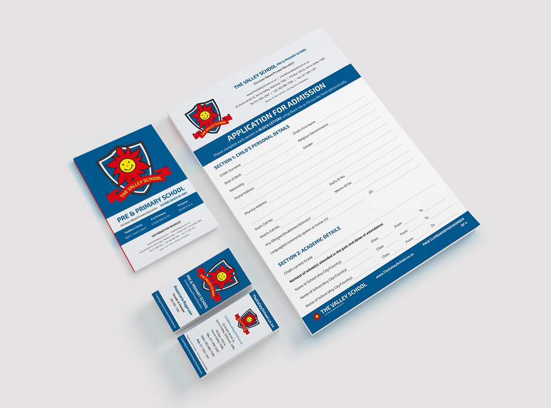 The Valley School Collateral Mockup showing branded printed collateral with photographs, typography and structured editorial content.