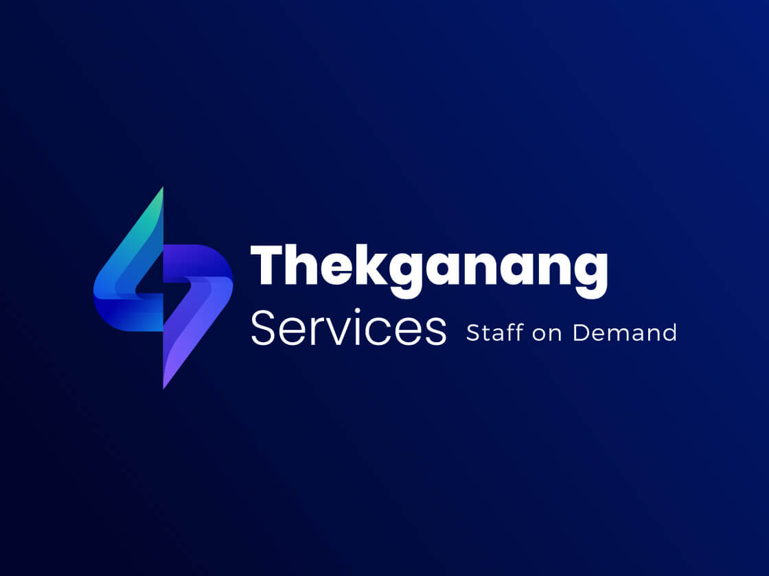 Logo of Th kganang Services featuring a stylized "t" icon next to the tagline "staff on demand" against a blue background.