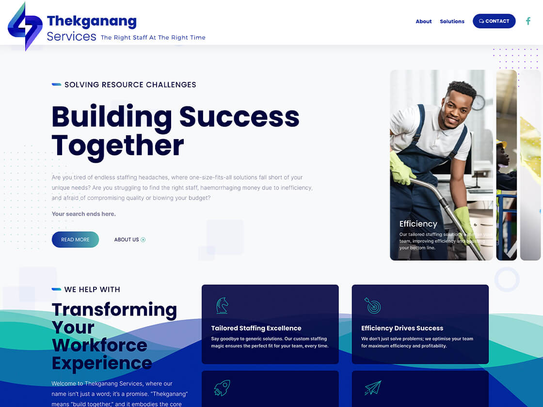 A cheerful employee in an apron working at a service counter with a focus on efficiency in a staffing solutions website layout.