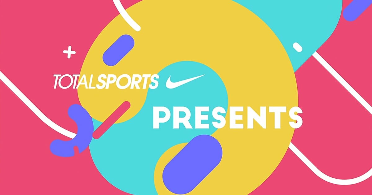 A vibrant promotional graphic with abstract shapes, presented by Totalsports and Nike. The background features pink, yellow, blue, and cyan geometric shapes. The text reads "TOTALSPORTS Nike PRESENTS" in bold white font. Various small white lines and shapes add to the dynamic design in this 2019 concept proposal.