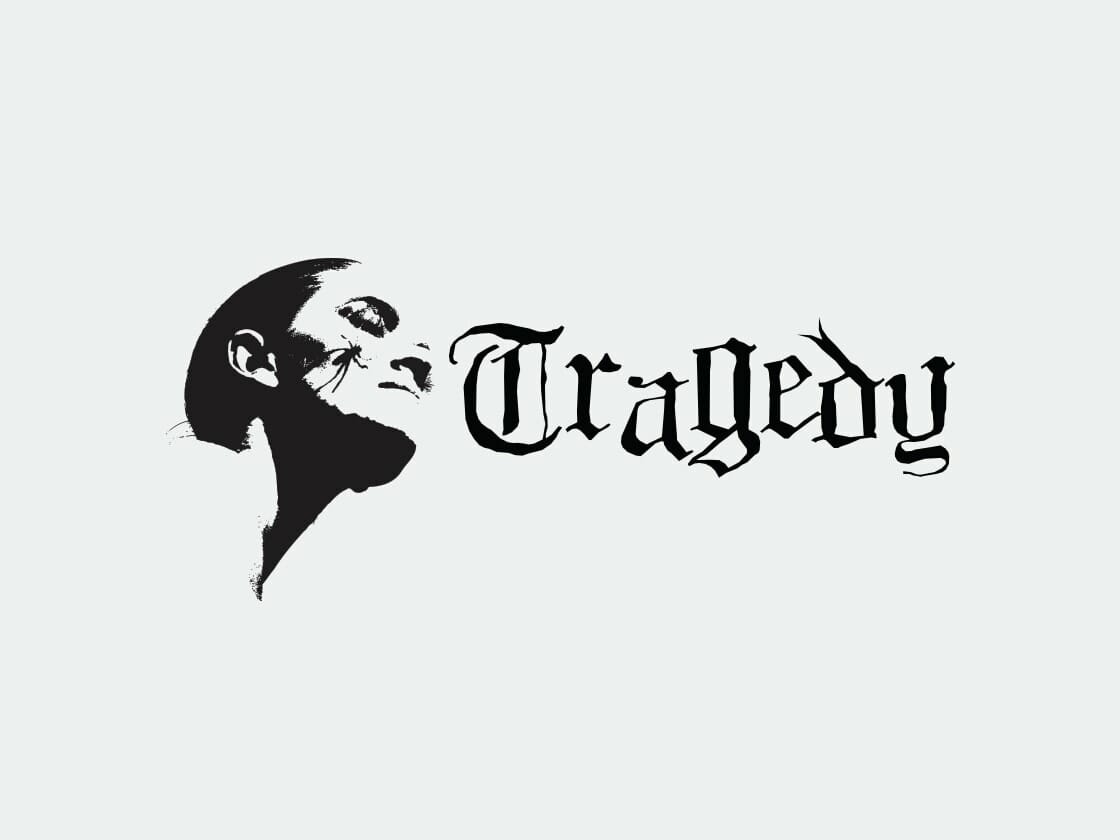 Minimalist monochromatic artwork featuring a stylized profile of a person's head in black, looking upwards. The left half of the face is highlighted, while the rest is obscured in shadow. Next to the profile is the word "Tragedy" in a gothic font, blending with the artwork.
