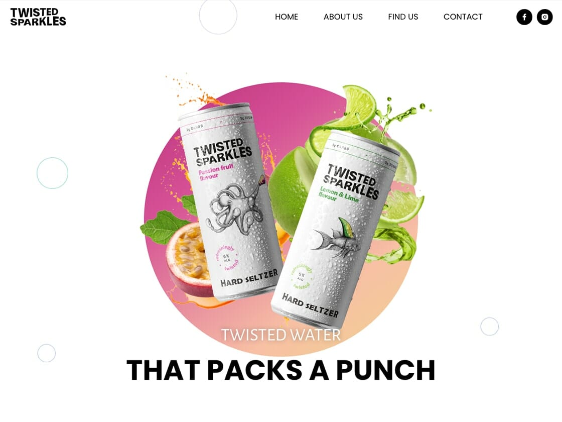 Two cans of Twisted Sparkles hard seltzer with dynamic splash effects, positioned over a vibrant, colorful background with the slogan "that packs a punch," available now on our website.