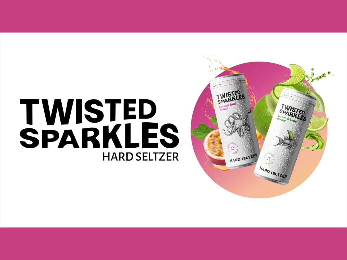 Ad for Twisted Sparkles hard seltzer featuring an animation video with two cans and fruit splash graphics.