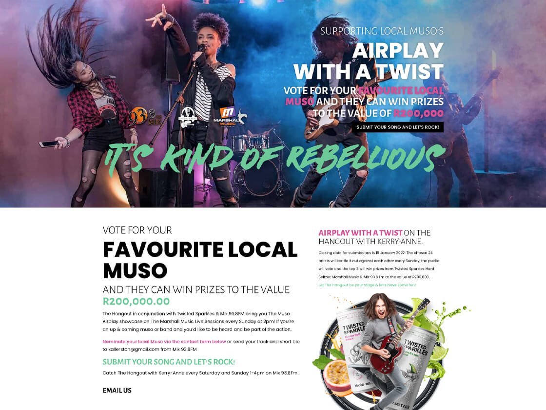 Promotional poster featuring a music band performing energetically on stage. Text reads "Supporting Local Musos - Airplay With A Twist. Vote for your favourite local muso and they can win prizes to the value of R200,000." Below, details on how to vote on our website and win are given, with an image of the beverage "Hunter's Xtend" at the bottom right.