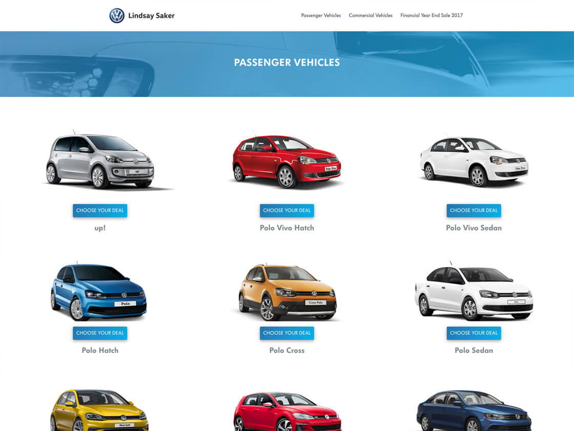 A website displaying a selection of Volkswagen passenger vehicles from the Lindsay Saker dealership, with options to choose the ideal model for each car type displayed.