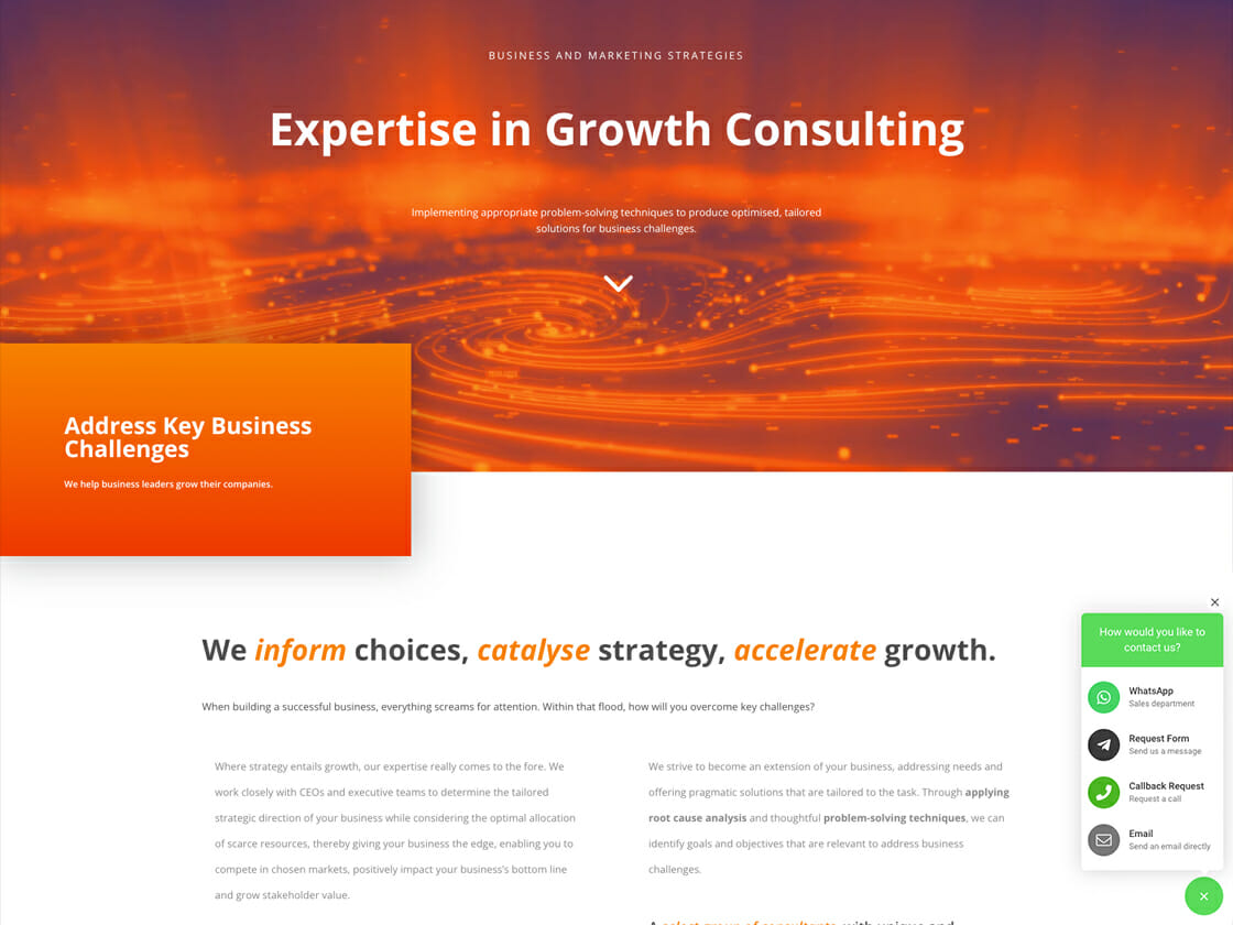 A screenshot of a consulting firm's website focused on business and marketing strategies, featuring an abstract orange background with text content and contact options.