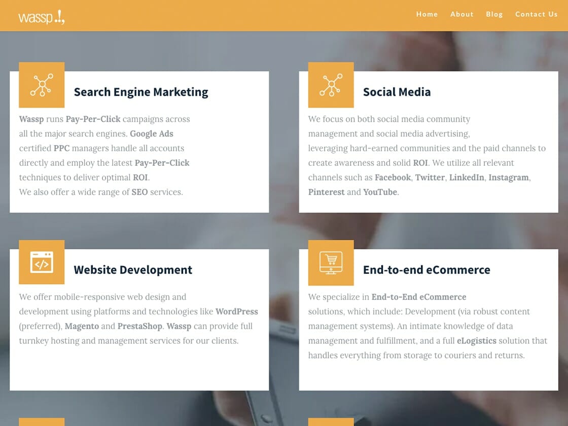 A website homepage displaying four service categories: "Search Engine Marketing" with an icon of gears, "Social Media" with a group of people icon, "Website Development" with a screen icon, and "End-to-end eCommerce" with a shopping cart icon. The background is white with an orange header.