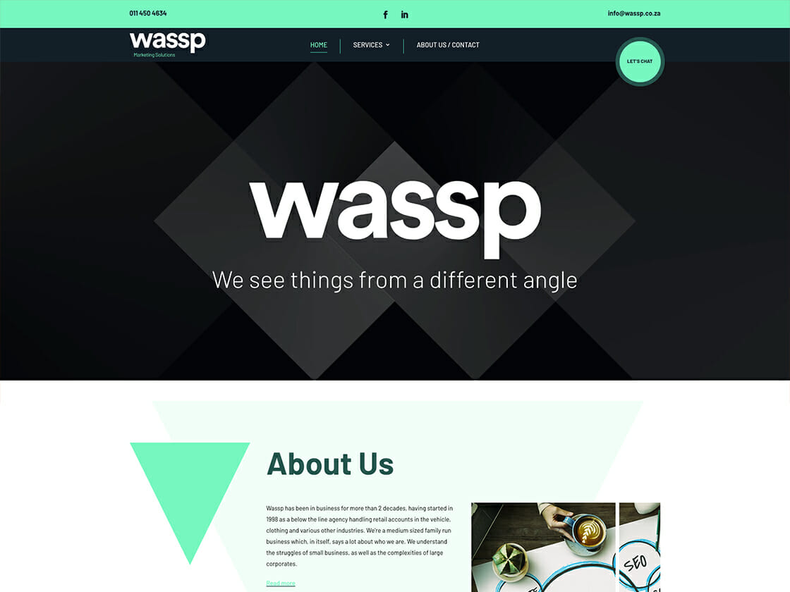 A screenshot of a website homepage with a dark theme and the text "wassp - we see things from a different angle".