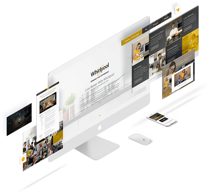 Face Of Whirlpool Website Mockup displayed as a responsive website mockup across angled screens, showing branded imagery, navigation and page content.