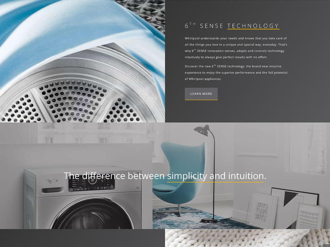 A promotional image showcasing a Whirlpool washing machine with a focus on design and technology, paired with a tagline emphasizing simplicity and intuition.