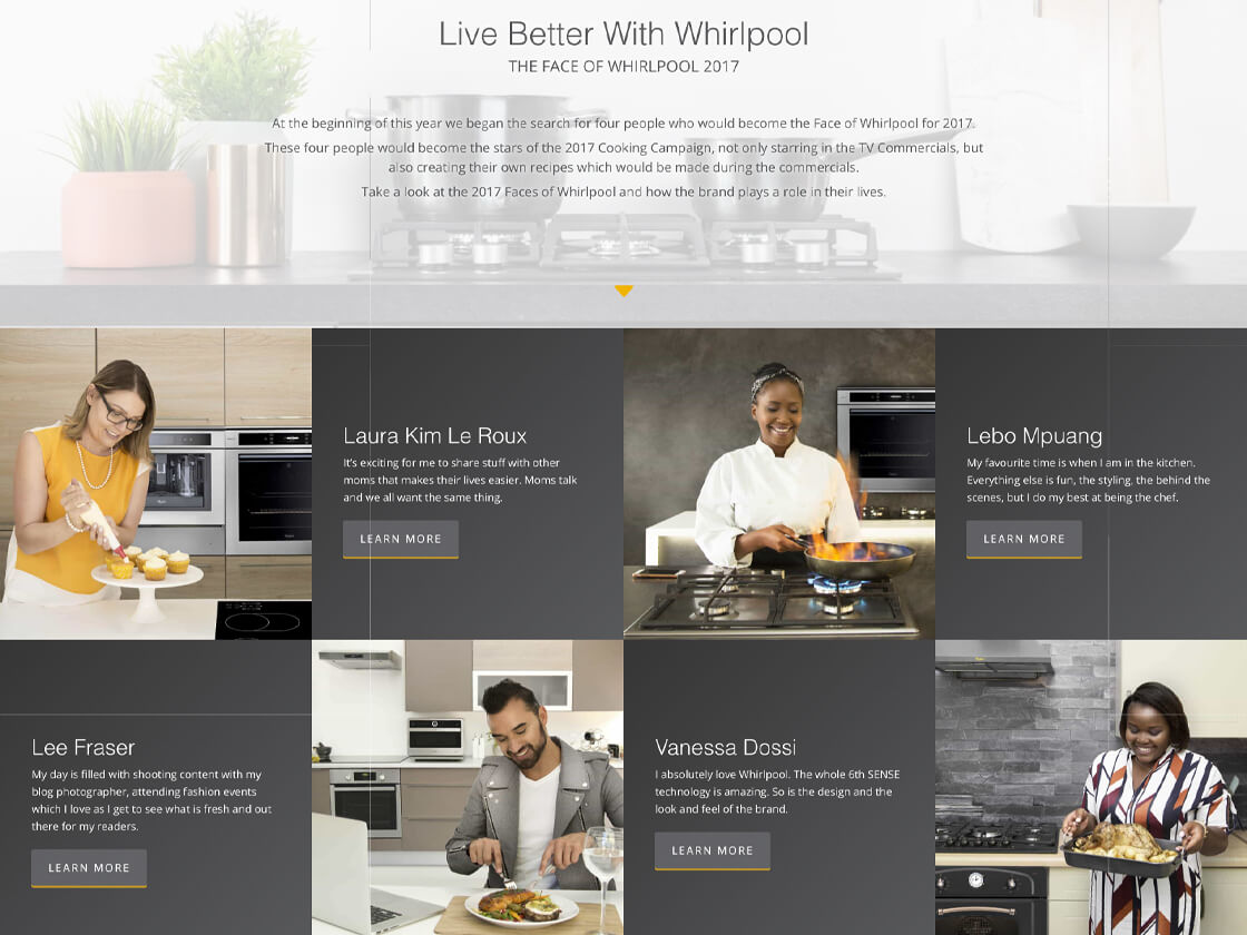 Website promotional page featuring various individuals enjoying their culinary experiences with Whirlpool appliances.