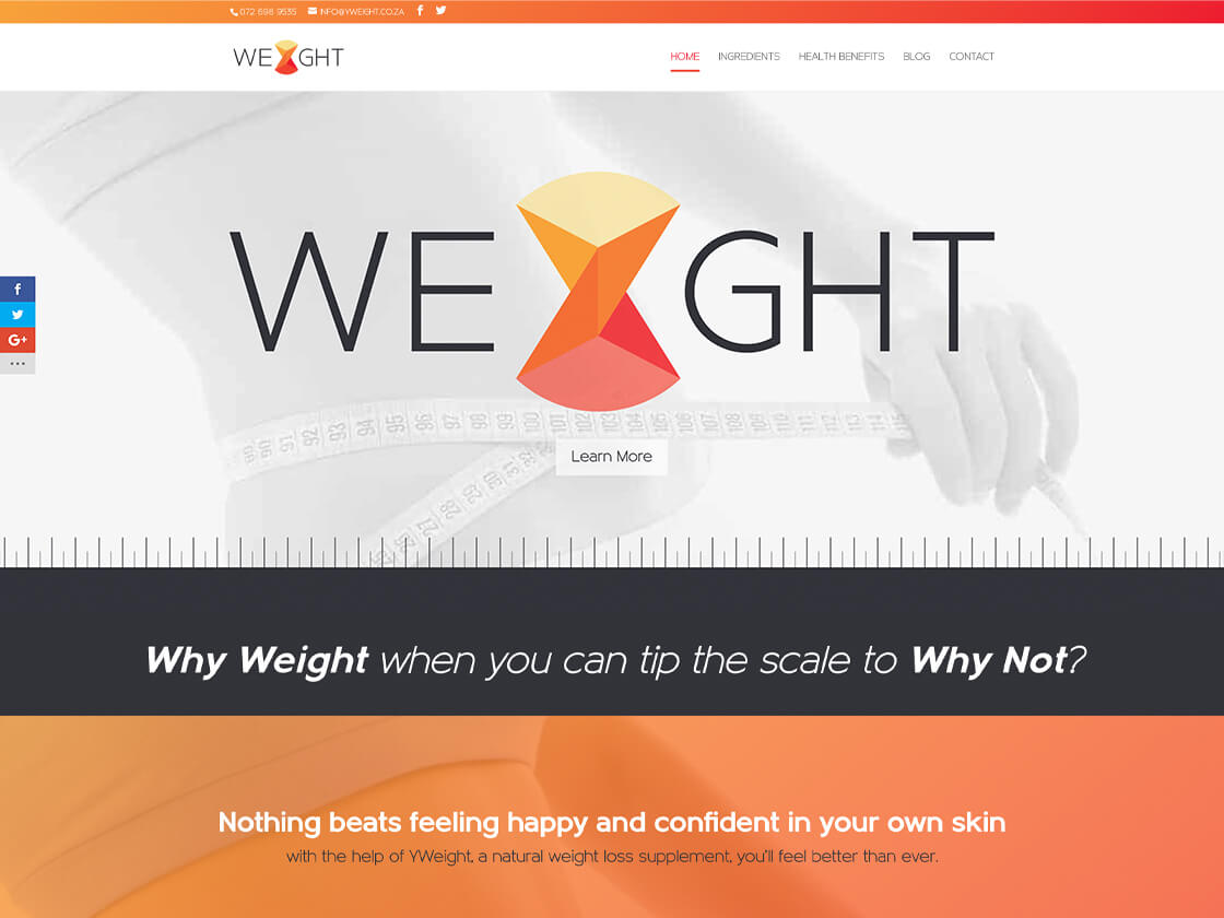 Webpage design for a weight loss supplement brand featuring a call-to-action button and a tagline emphasizing positive transformation with an integrated nutrition guide.