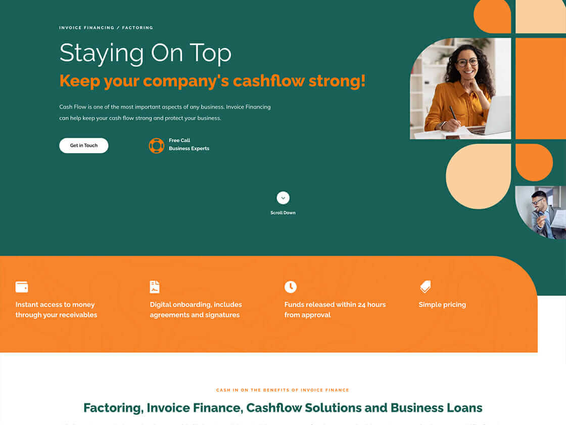 A screenshot of the Worcaps website page offering invoice financing, cash flow solutions, and business loans, featuring images of smiling professionals.