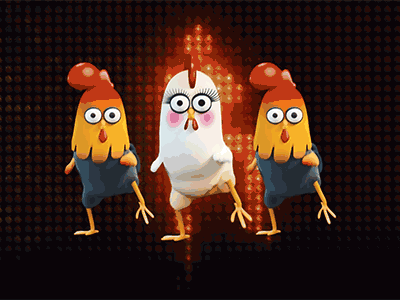 Three animated chicken characters dancing in the coop, with the central chicken engulfed in flames.