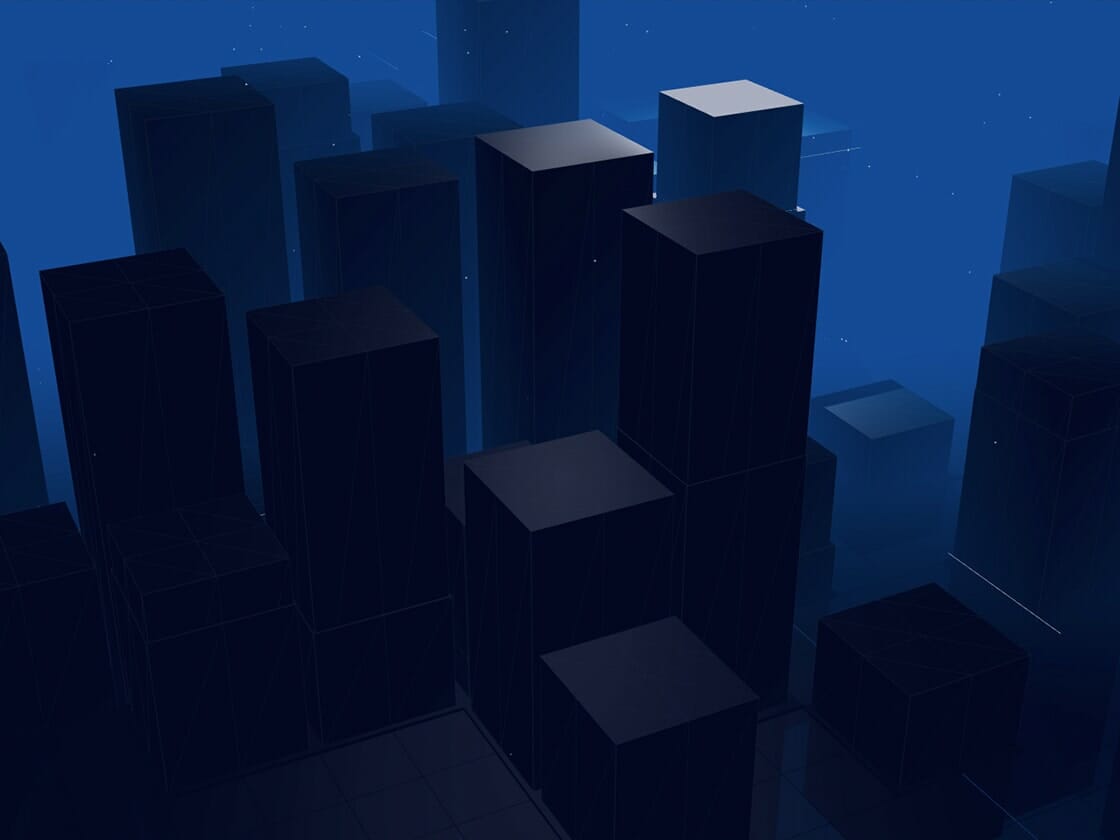 Expo 3D City prototype showing a stylised cityscape and architectural interface elements arranged on a dark presentation background.