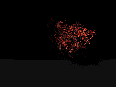 Swarm of red particles dispersing in a dark space, mimicking the flight of an inner bird prototype.