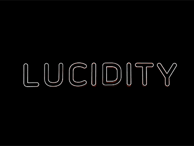Prototype neon-style text reading "lucidity" on a black background with interactive particles.