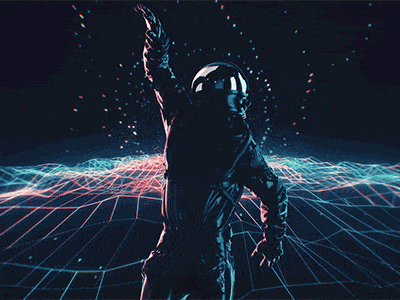 Astronaut dancing with abstract neon digital grid lines in a futuristic setting.