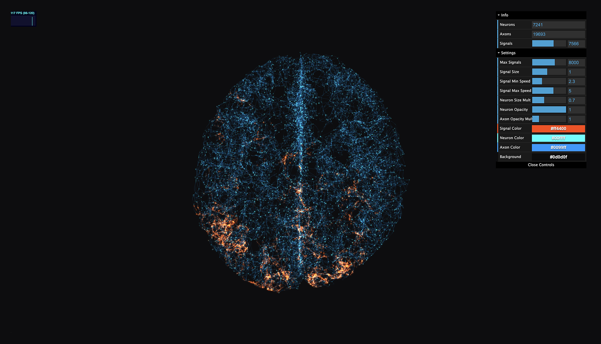 Neural Network prototype showing glowing connected points and branching lines arranged as a blue and red network on a dark background.