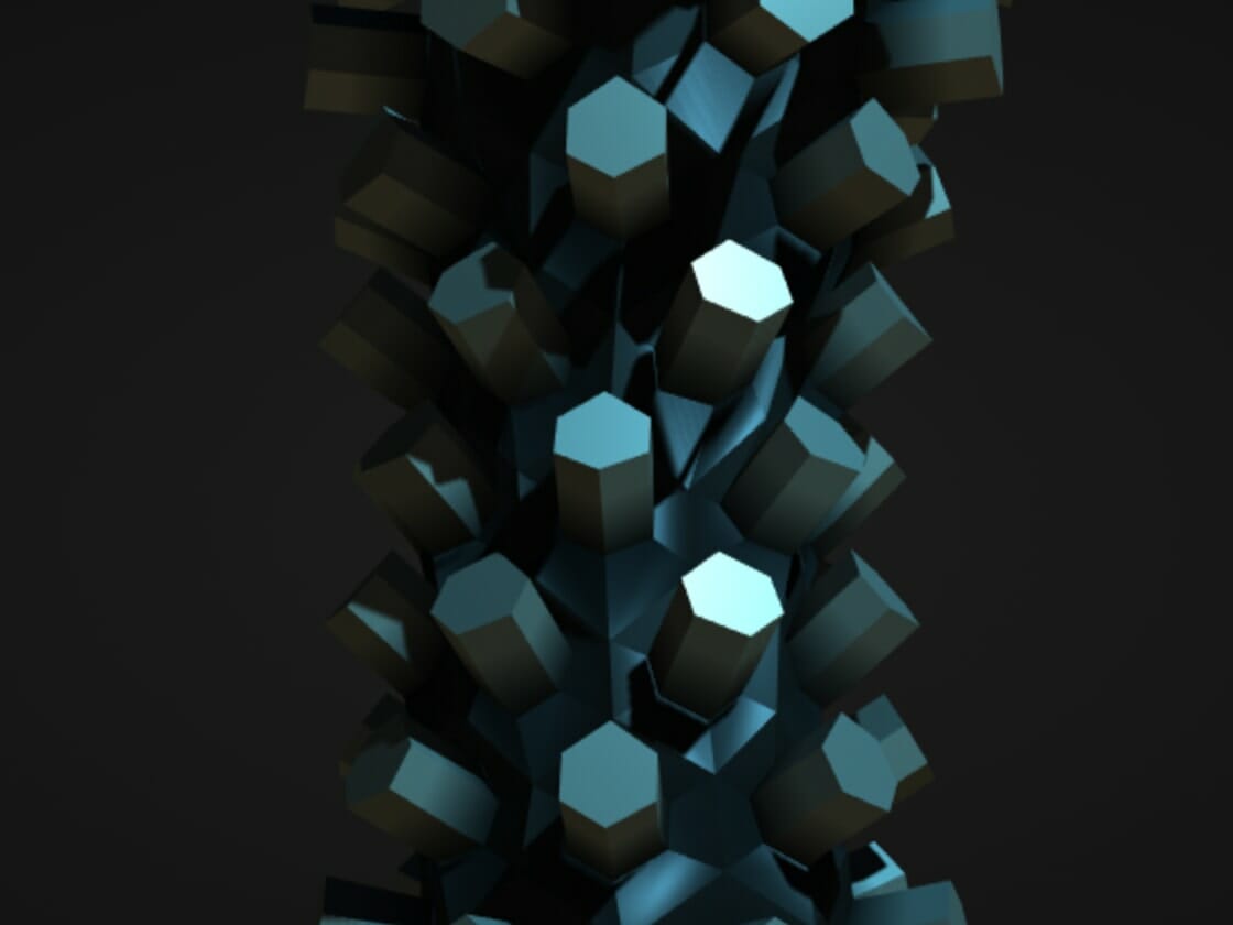 A digital rendering of a column composed of assorted teal and dark blocks against a dark background, resembling a capsid prototype.