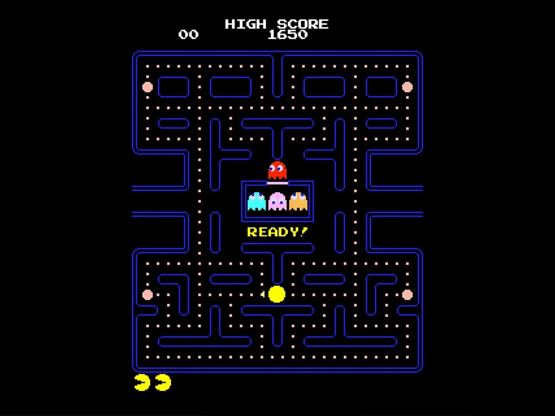 Classic pac-man arcade game screen with the player ready to start a new level.
