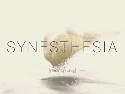 Animated text reading "synesthesia" with particles swirling around it, indicating a dynamic representation of multisensory perception.