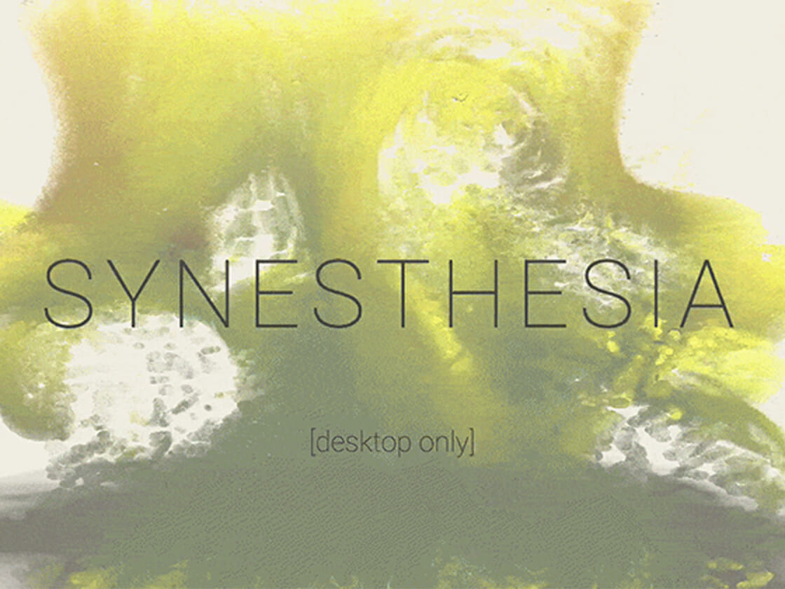 Abstract green and yellow watercolor backdrop with the word "synesthesia" overlaid, indicating a theme or concept, noted to be for desktop use only.