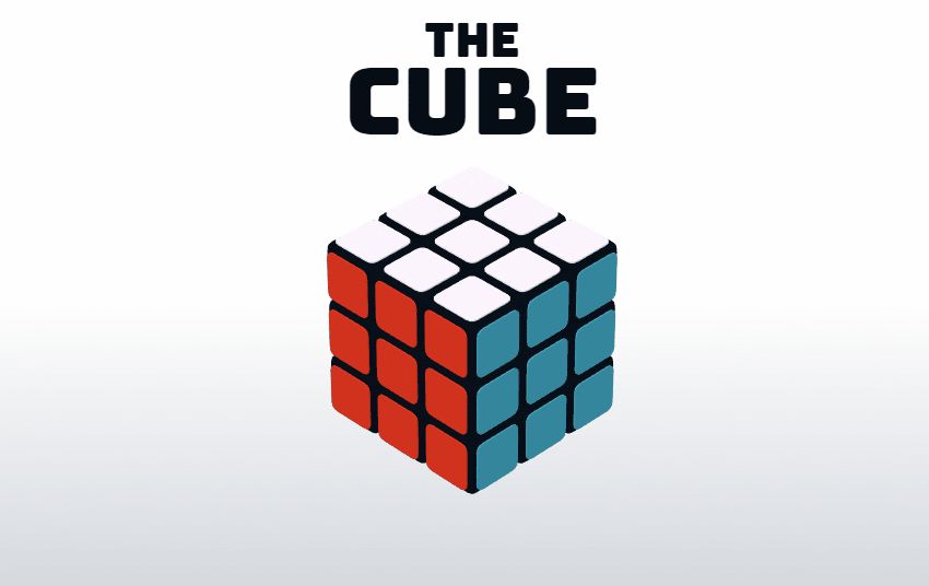 Animated prototype of a rotating 3D Rubik-style cube with coloured faces against a dark background.