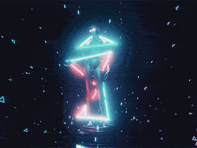 Glowing neon hourglass with digital particles flowing through in a dark space.