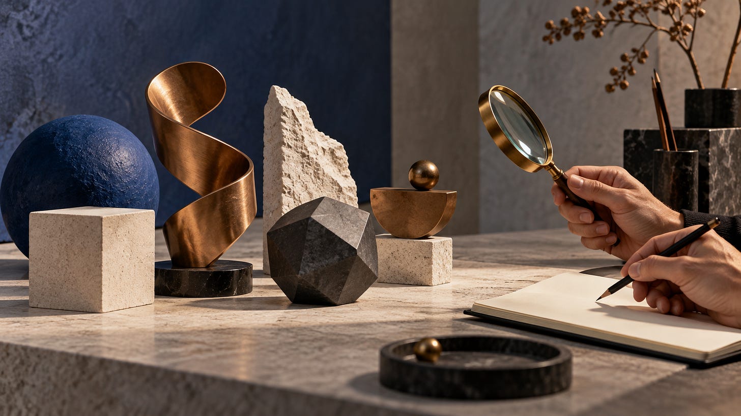 Hand holding a magnifying glass over a notebook on a table with geometric sculptures, pen holder, and dried plant stems.