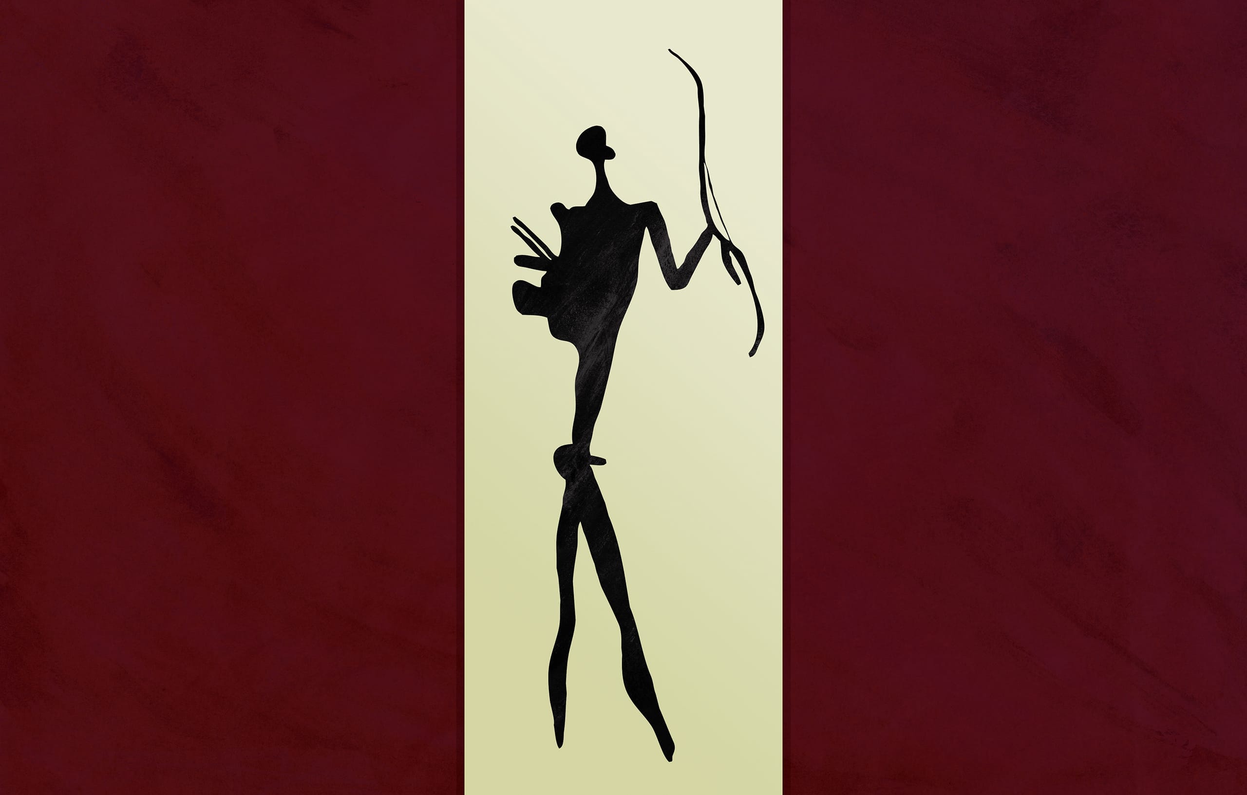 A simplified, stylized silhouette shows a person with exaggerated, elongated limbs holding a bow and arrow. The figure, reminiscent of African Rock Art, stands against a vertical light beige stripe flanked by two dark maroon sections on either side. This captivating piece is part of an eclectic series.