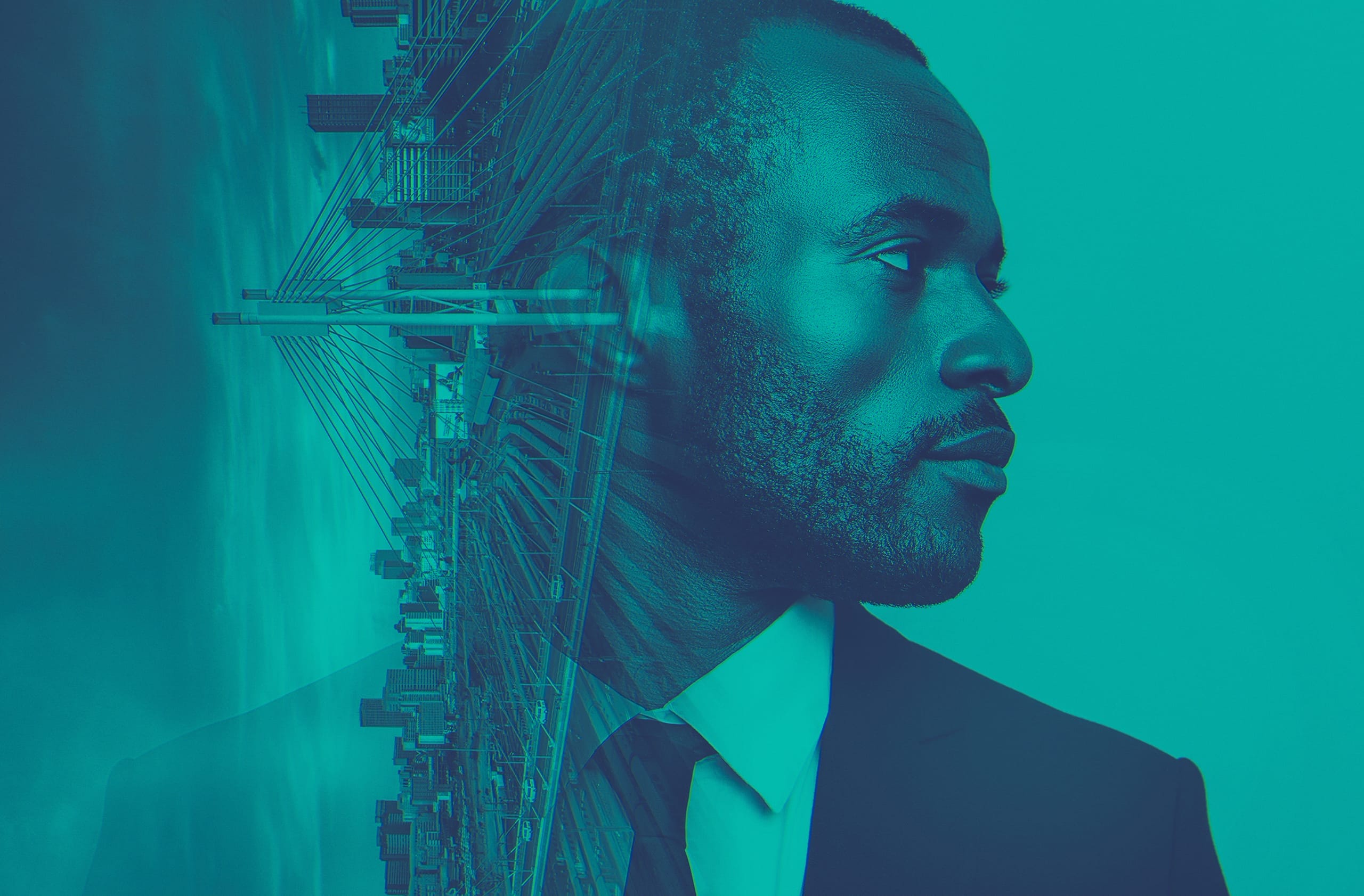 A double-exposure image in shades of blue and teal features a man in a suit facing right. Overlaying the right side of his head and body is the intricate framework of the Ambassador Bridge, blending urban engineering with a contemplative expression on the man's face.