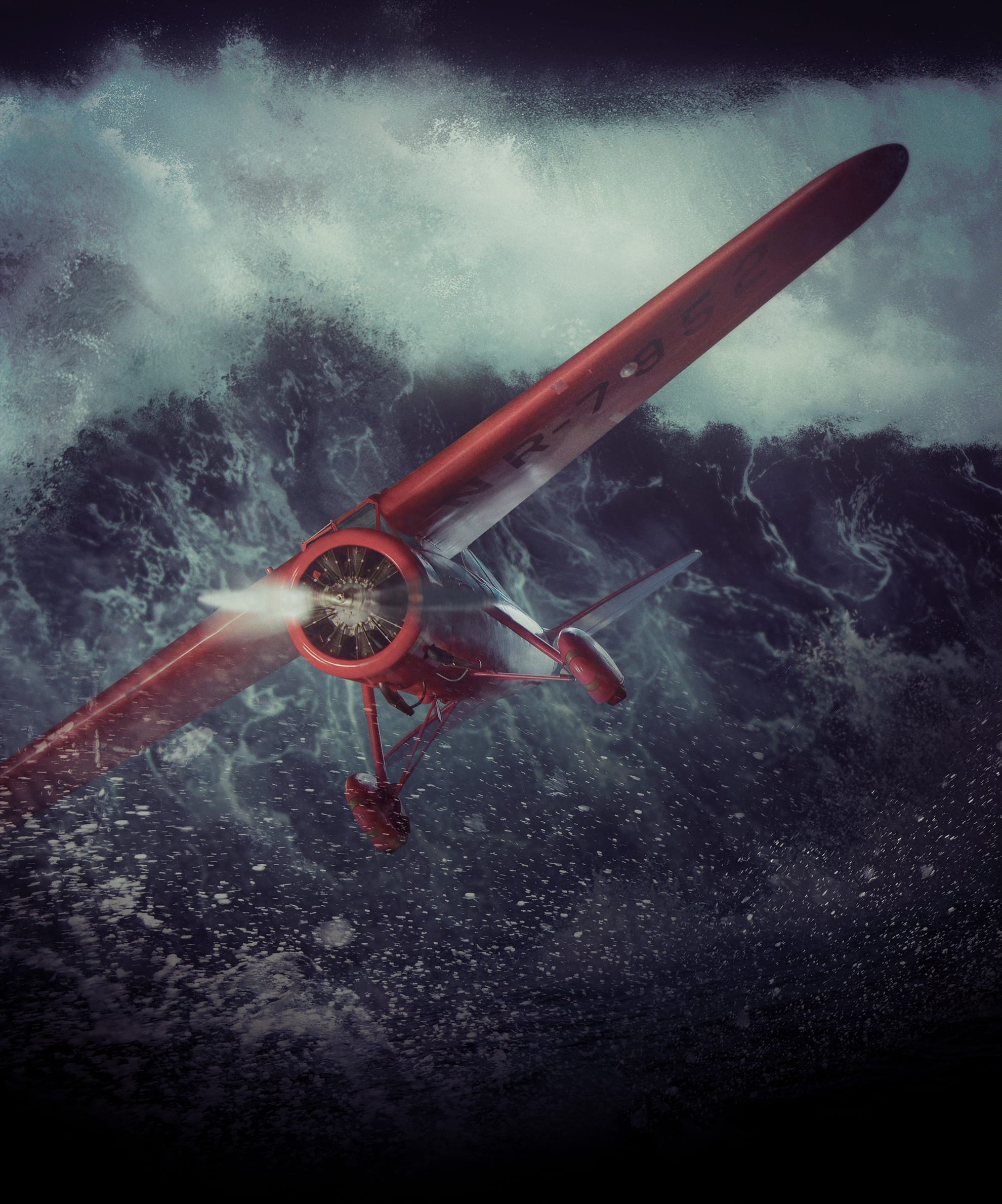 A single-engine red airplane struggles against massive, turbulent ocean waves. The aircraft is angled upward with its propeller spinning, appearing to battle the mighty forces of the stormy sea. The scene pays homage to aviation pioneer Amelia Earhart, as waves crash dramatically with great force around the plane.