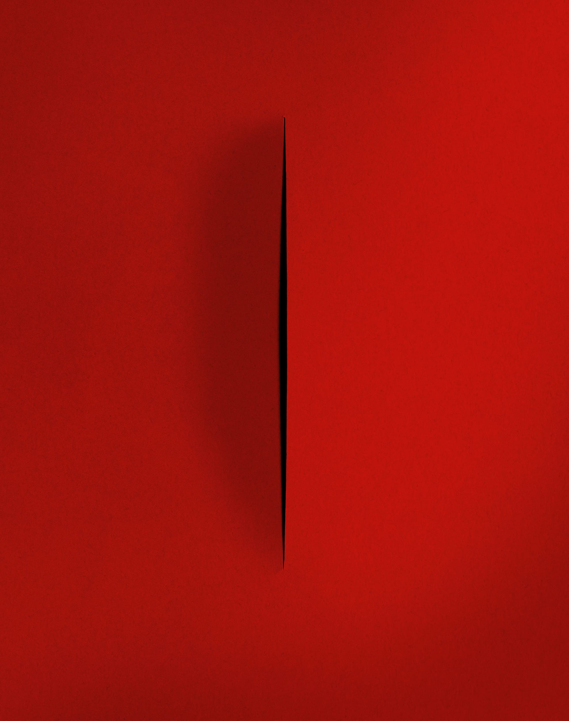 A red surface is divided by a thin, vertical black slit in the center. The slit creates a subtle gradient effect, giving the appearance of depth through the minimalist composition, almost like a mommy's comforting embrace.