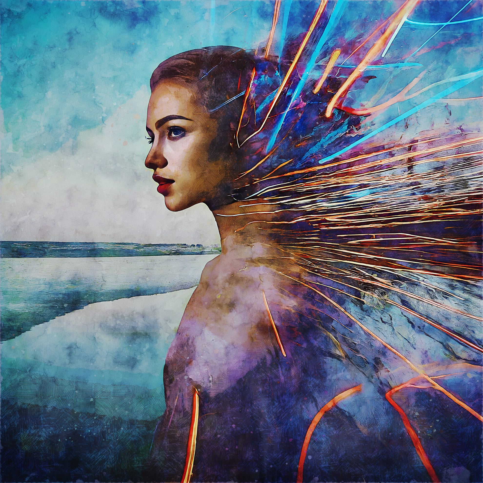 A digital artwork of a woman's profile blends into a surreal background. Her hair morphs into bursts of colorful tendrils extending outward. The sky and water behind her merge with abstract, painterly textures, creating a dynamic and mystical atmosphere.