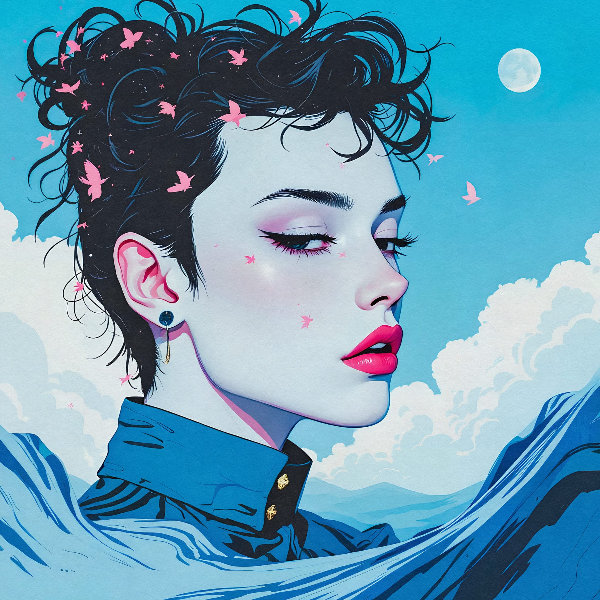 Illustration of a person with short curly hair, closed eyes, and bright red lips against a sky blue background. Pink birds and clouds surround them, with the moon visible. They're wearing a blue high-collared garment with gold buttons, creating a serene and dreamlike atmosphere.