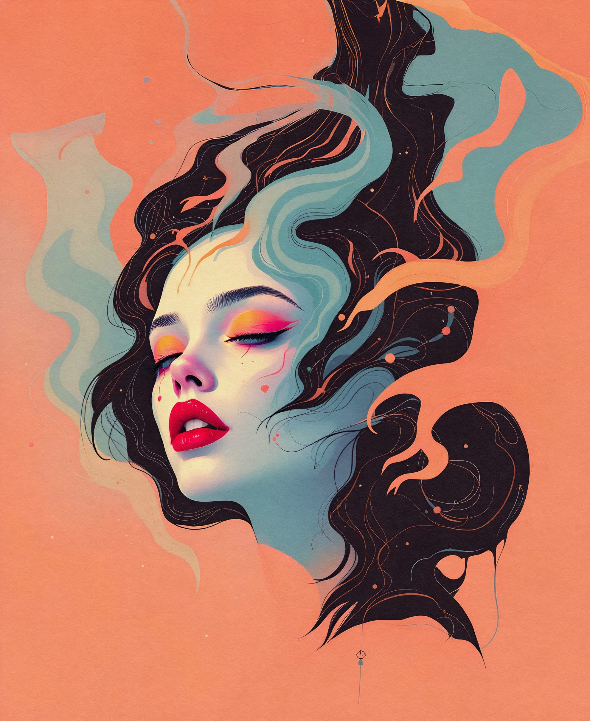 A surreal illustration of a woman's face with closed eyes and vibrant red lips. Her flowing dark hair blends into abstract, colorful smoke-like patterns in turquoise and amber against a warm peach background, creating a dreamlike effect.