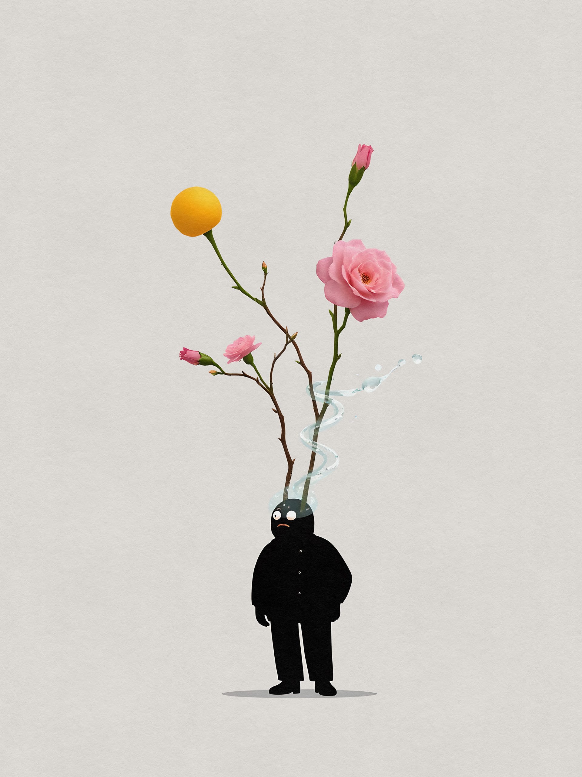 A surreal illustration of a black silhouette figure with flowers growing from the head. The plant includes a yellow circle, pink roses, and green stems. Water droplets spiral around the flowers against a simple light gray background. The image conveys a dreamlike, imaginative scene.