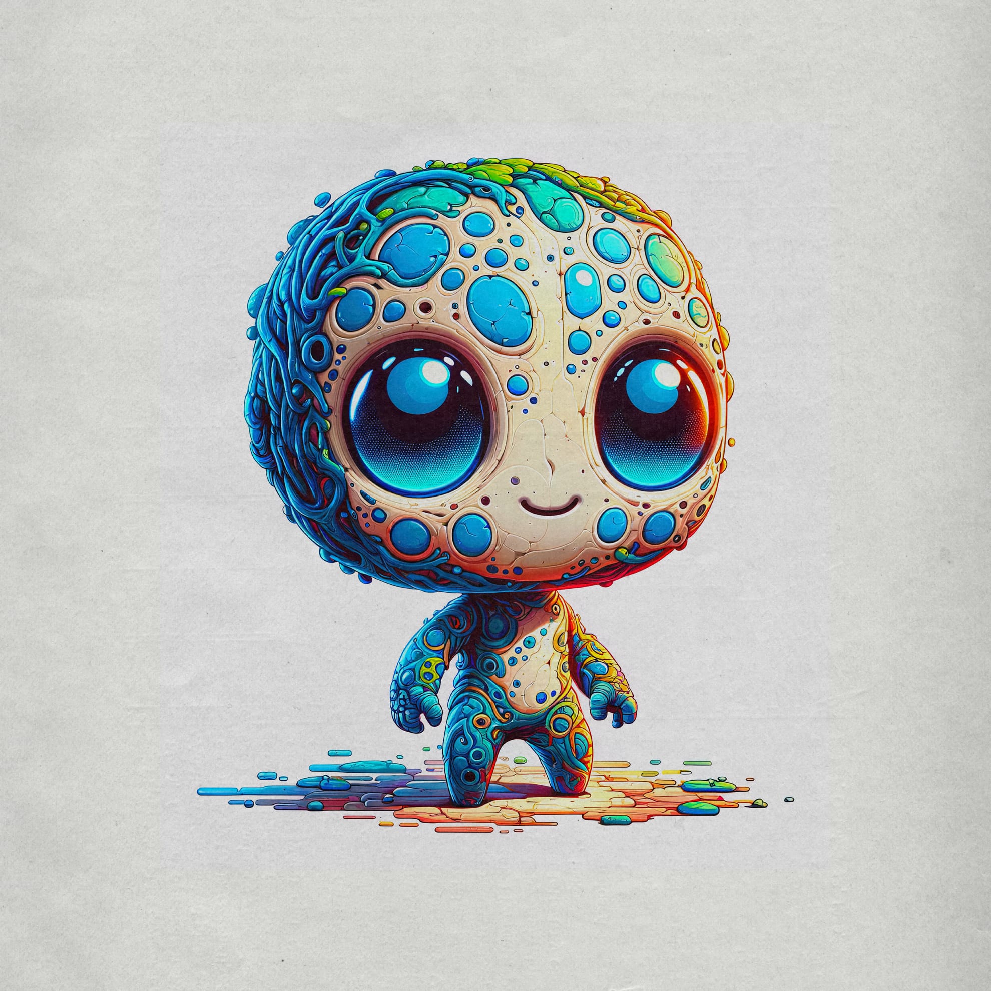 A cute, round-eyed cartoon character with a body covered in colorful, bubble-like patterns stands on a textured surface. The creature's skin features shades of blue, green, and orange, with a playful and whimsical expression. The background is a light gray, enhancing the figure's vivid colors.