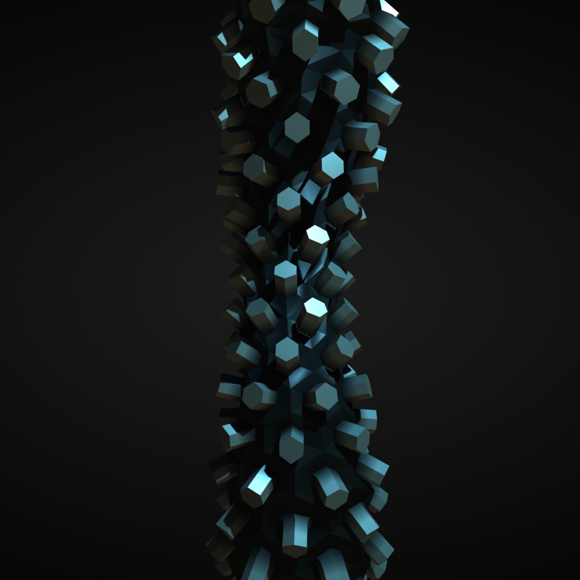 A dark, abstract 3D structure resembling a twisted column composed of numerous interconnected hexagonal prisms. The prisms, akin to a metallic protein shell, have shades of blue and teal reflecting light. The background is a gradient of dark gray to black, emphasizing the central structure.